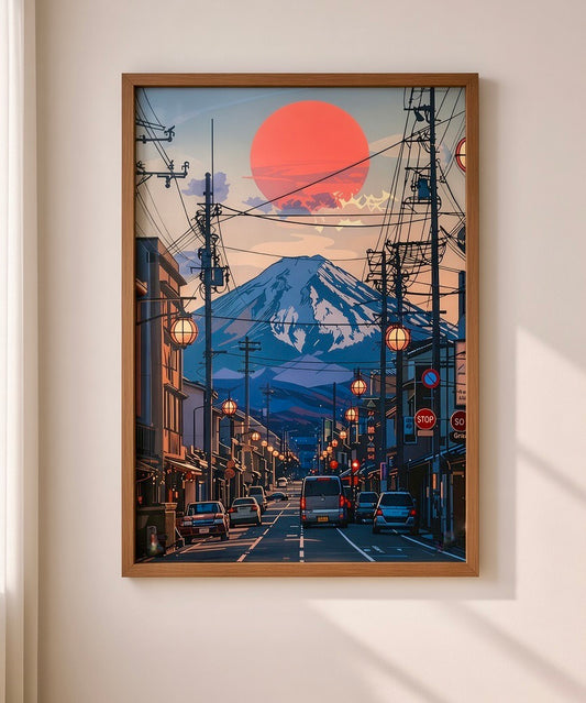 Affiche Crépuscule sur le Mont Fuji encadrée et accrochée au mur d'un salon