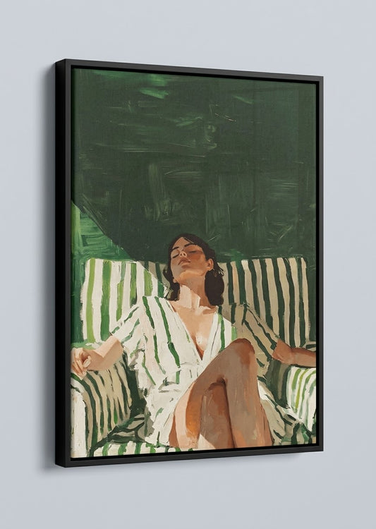 Toile Femme Rayures Vertes encadrée, décoration murale peinture figurative