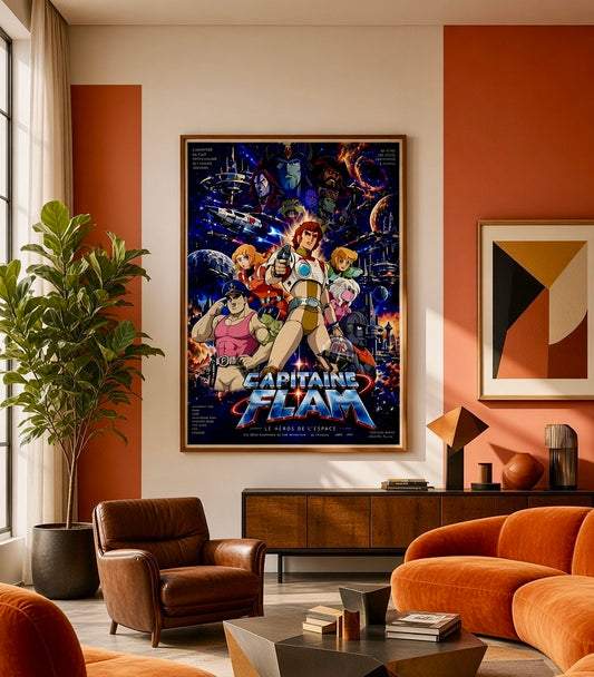 Poster Capitaine Flam encadré accroché au mur d'un salon, anime vintage bleu nuit et orange