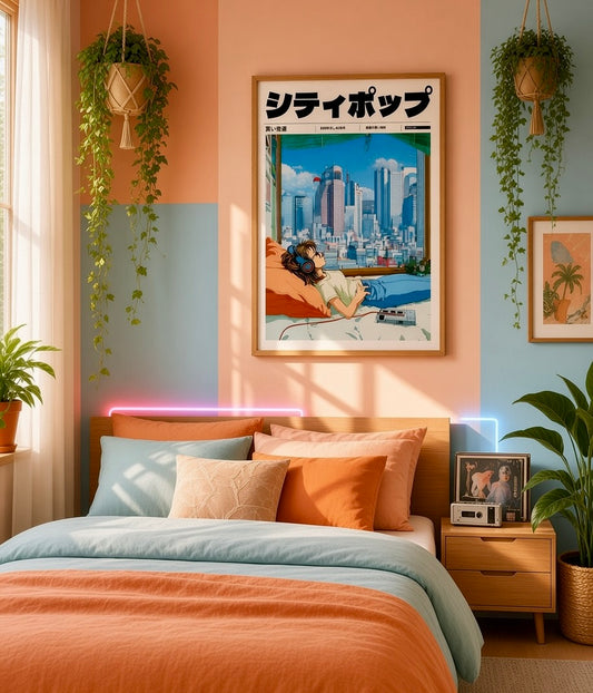 Affiche City Pop vue sur Tokyo depuis la chambre, encadrée et accrochée au mur d'un salon