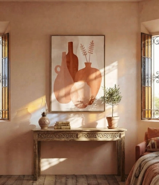 Affiche encadrée Vases en Terre Cuite accrochée au mur dans un salon