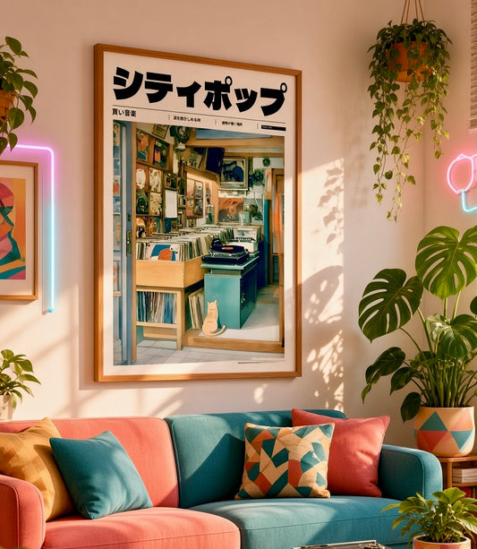 Affiche City Pop disquaire vintage Tokyo encadrée, accrochée au mur d'un salon