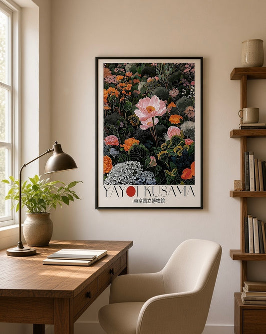 Affiche encadrée Yayoi Kusama Jardin Floral Japonais accrochée au mur dans un salon