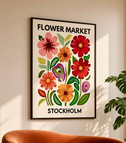 Poster fleurs colorées Flower Market Stockholm encadré accroché au mur d'un salon