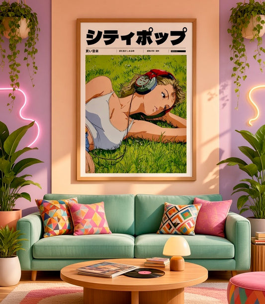 Affiche City Pop anime, fille aux écouteurs dans l'herbe, encadrée et accrochée au mur d'un salon