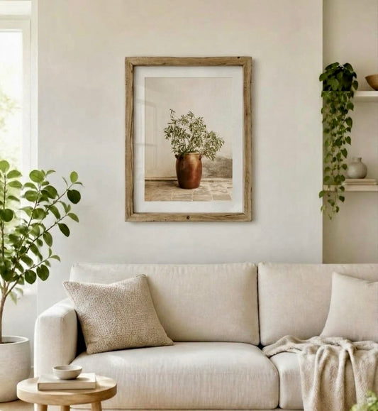 Poster branche d'olivier en jarre encadré, accroché au mur d'un salon, décoration murale méditerranéenne et naturelle