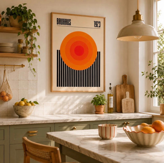 Poster Bauhaus 1923 cercles orange encadré accroché au mur d'un salon, design géométrique rétro