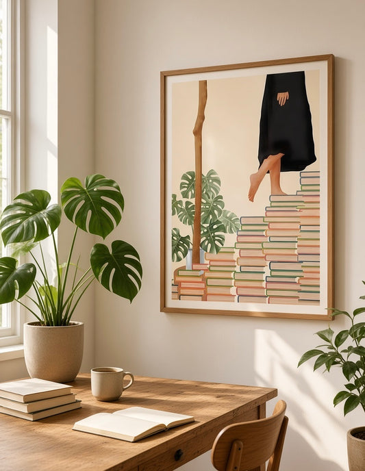 Affiche encadrée Escalier de Livres accrochée au mur d'un salon