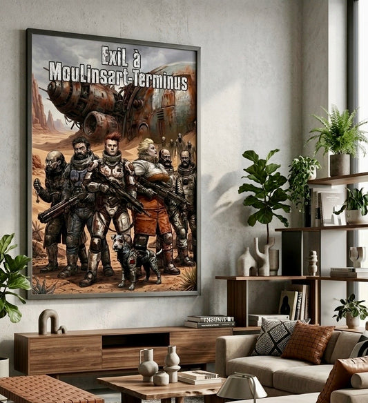 Affiche Exil à Moulinsart-Terminus encadrée, accrochée au mur d'un salon sombre et moderne
