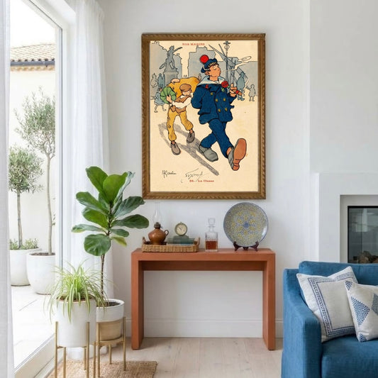 Poster marin vintage Nos Marins encadré accroché au mur d'un salon, illustration humoristique façon carte postale ancienne