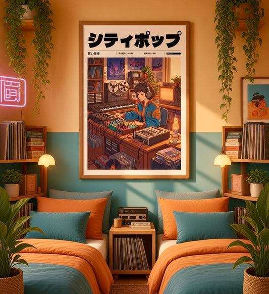 Affiche Studio Synthé Nocturne encadrée et accrochée au mur d'un salon