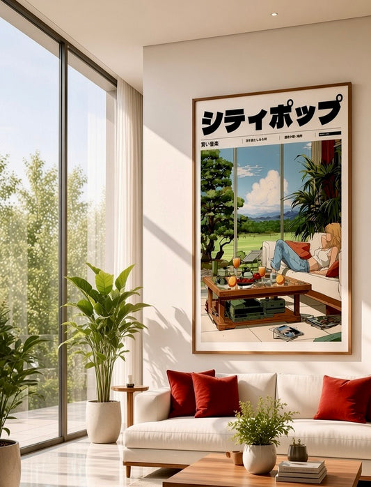 Affiche City Pop femme blonde sur canapé face à la prairie, encadrée et accrochée au mur d'un salon
