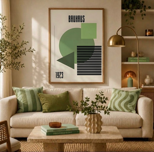 Poster Bauhaus 1923 formes vertes encadré accroché au mur d'un salon, design géométrique rétro