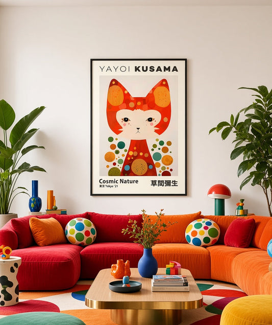 Affiche Yayoi Kusama Cosmic Nature encadree, presentee en situation dans un interieur