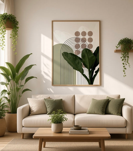Affiche encadrée Arche Bohème & Feuillage Tropical accrochée au mur dans un salon
