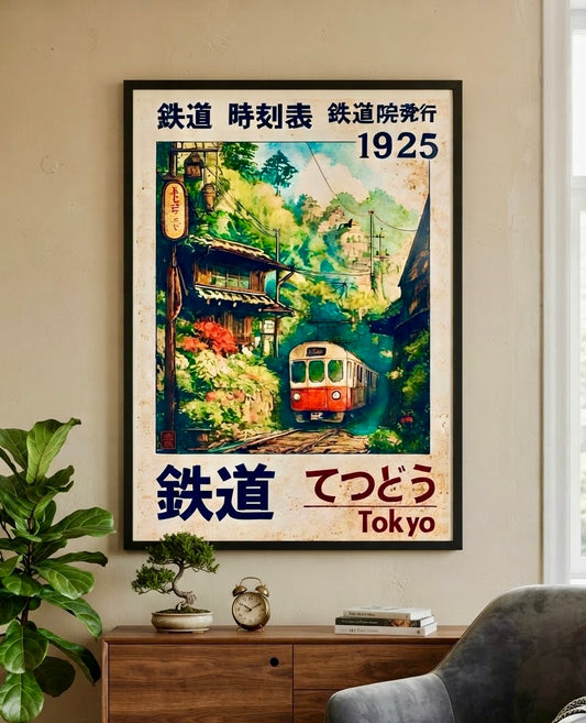 Affiche Tetsudo 1925 encadrée et accrochée au mur d'un salon