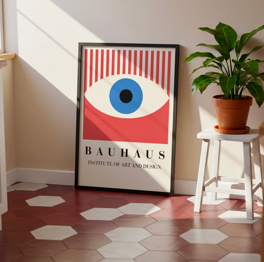 Poster Bauhaus œil rouge encadré accroché au mur d'un salon, design géométrique rouge, bleu et crème
