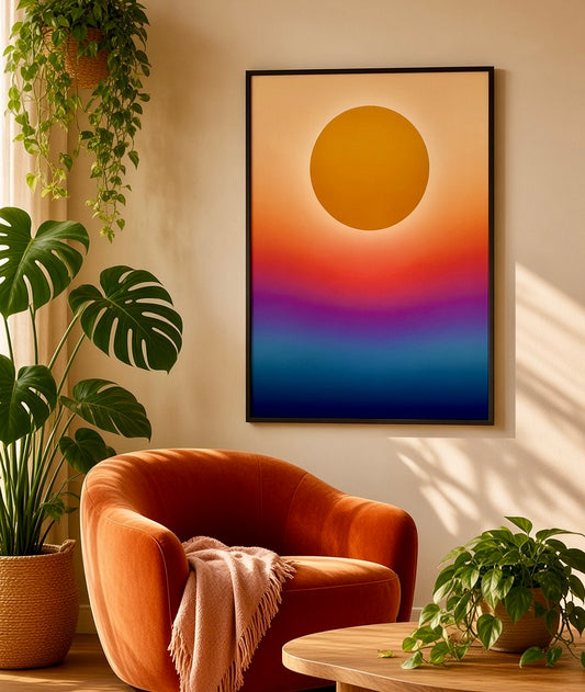 Poster abstrait soleil orange dégradé encadré accroché au mur d'un salon