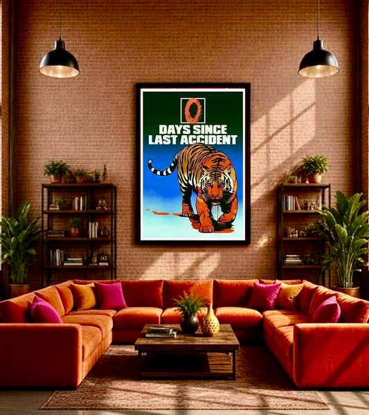 Poster pop art tigre 0 Days Since Last Accident encadré sur le mur d'un salon
