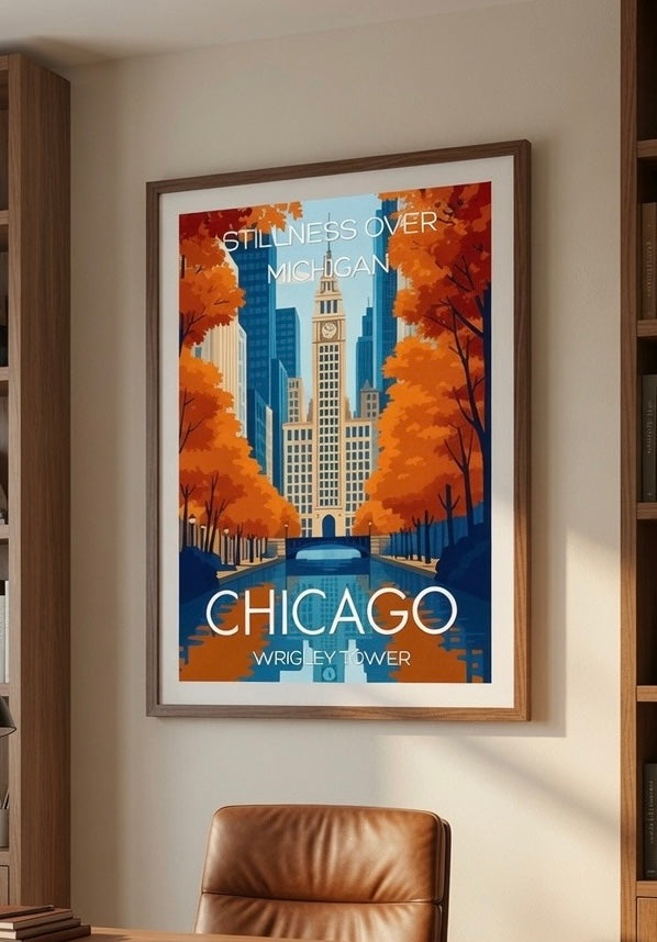 Gros plan sur l'affiche Chicago Wrigley Tower encadrée