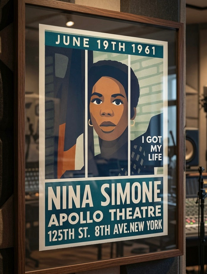 Ambiance intérieure avec l'affiche concert vintage encadrée au mur