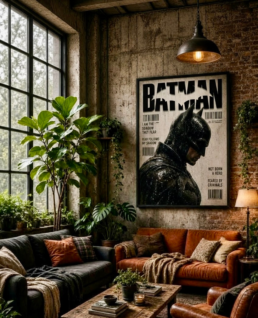 Vue d'ensemble d'une pièce avec l'affiche Batman Gotham noir et blanc en décoration murale