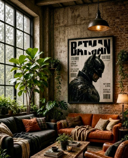 Vue d'ensemble d'une pièce avec l'affiche Batman Gotham noir et blanc en décoration murale
