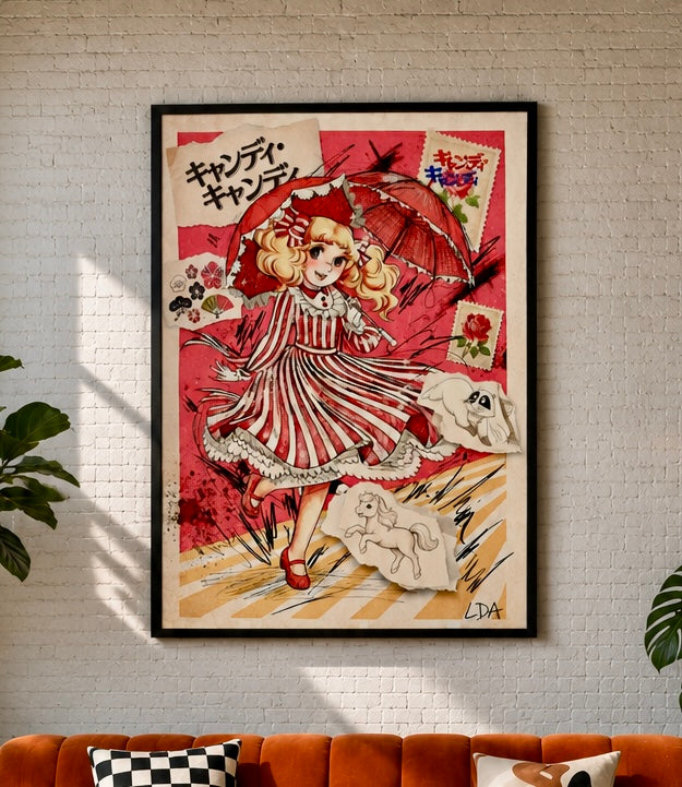 Vue rapprochée de l'affiche Candy Rétro Pop encadrée sur le mur du salon