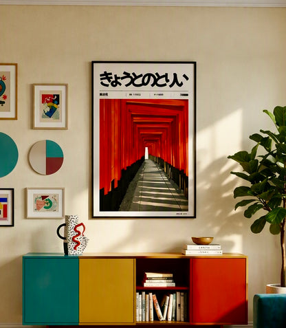 Vue rapprochée de l'affiche Tunnel de Torii encadrée sur le mur du salon