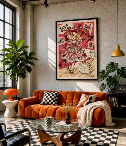 Vue d'ensemble du salon avec l'affiche Candy Rétro Pop en décoration murale