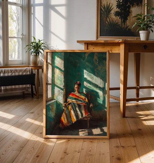 Affiche Frida Kahlo portrait peinture encadrée, accrochée au mur d'un salon lumineux