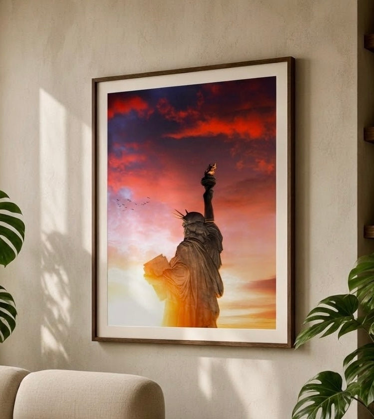 Affiche Statue de la Liberté et ciel rouge accrochée au mur, vue rapprochée avec cadre et décoration du salon