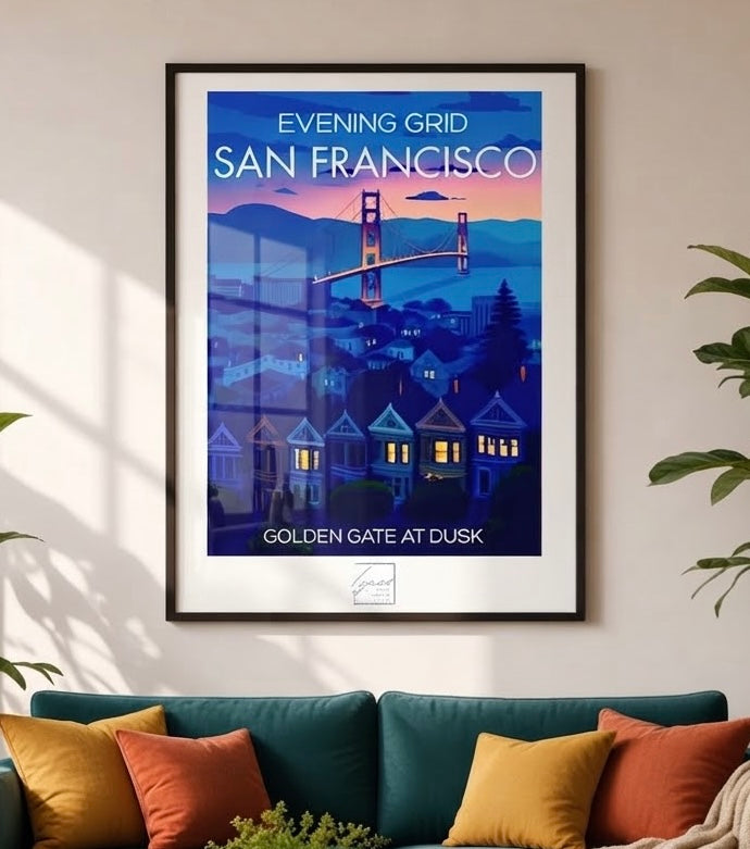 Vue rapprochée de l'affiche Evening Grid encadrée dans un salon, San Francisco crépuscule