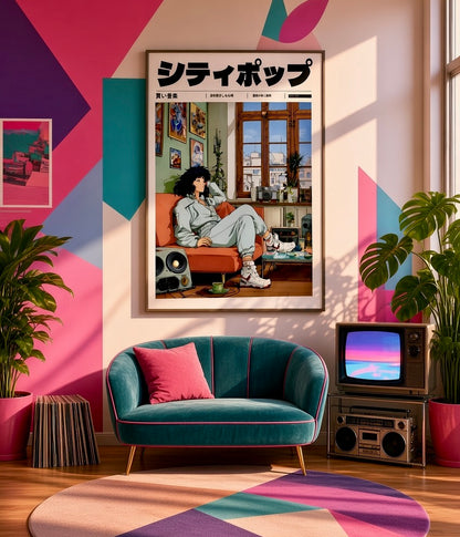 Vue d'ensemble du salon avec l'affiche City Pop détente sur les toits de Tokyo en décoration murale