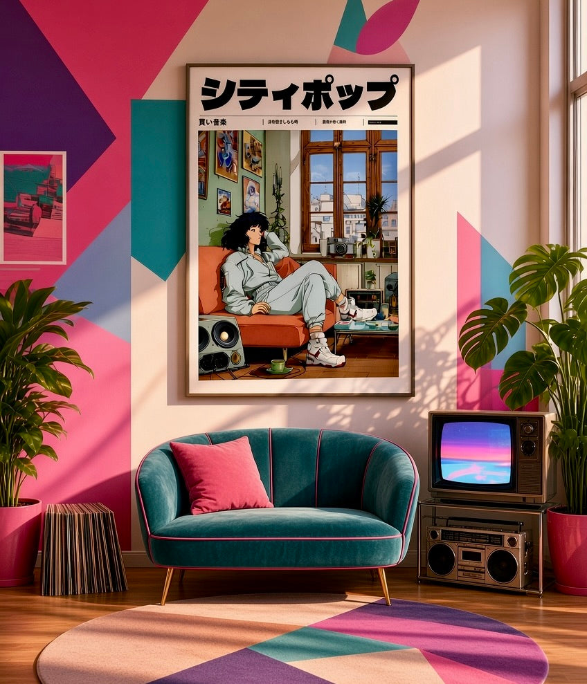 Vue d'ensemble du salon avec l'affiche City Pop détente sur les toits de Tokyo en décoration murale