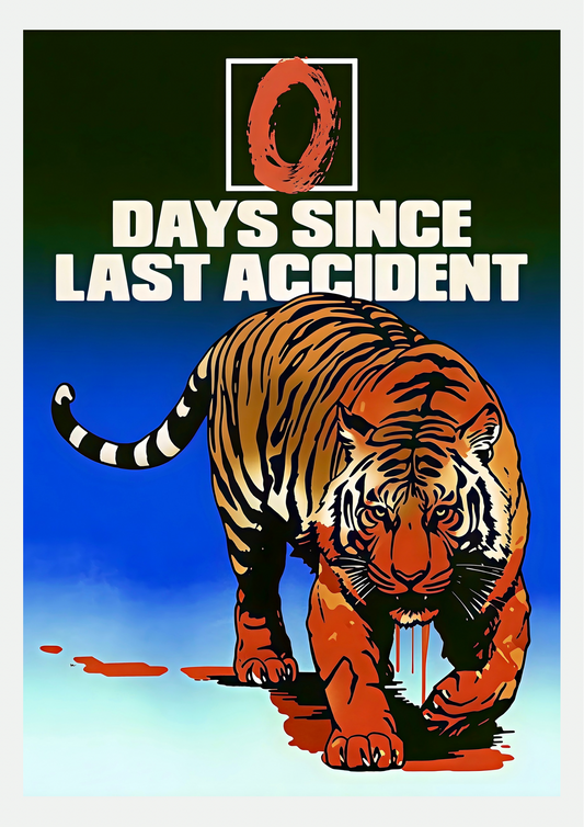 Affiche 0 Days Since Last Accident : tigre orange rayé sur fond dégradé bleu électrique avec slogan en lettres blanches