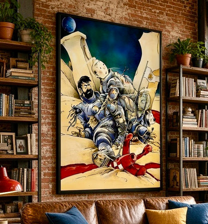 Affiche de bande dessinée Tintin et Haddock sur la Lune accrochée au mur, vue rapprochée avec cadre et décoration du salon