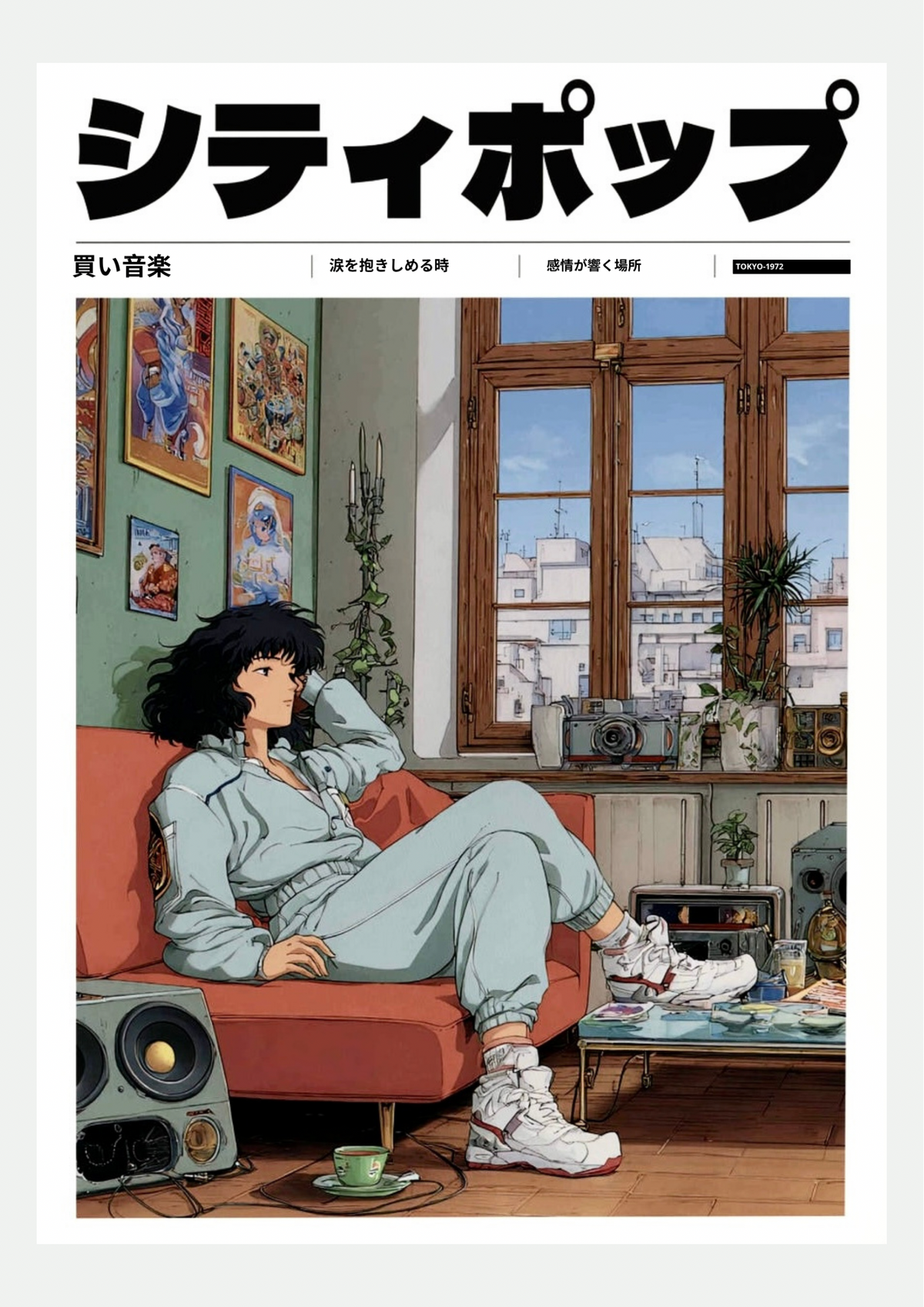 Affiche City Pop détente sur les toits de Tokyo, présentée seule sur fond neutre