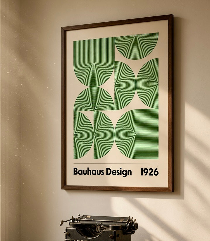 Vue rapprochée de l'affiche Bauhaus Design 1926 encadrée sur le mur du salon