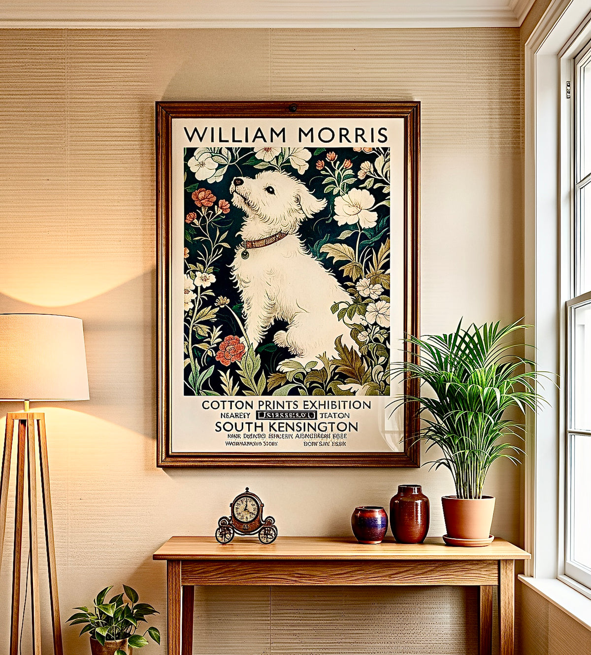 Affiche encadrée William Morris Chien accrochée au mur dans un salon