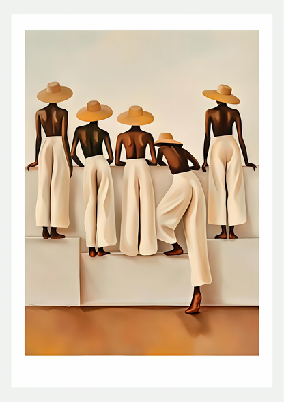 Affiche Espionnage Discret : cinq silhouettes de dos en pantalons crème et chapeaux de paille sur un muret blanc, fond beige et sol ocre