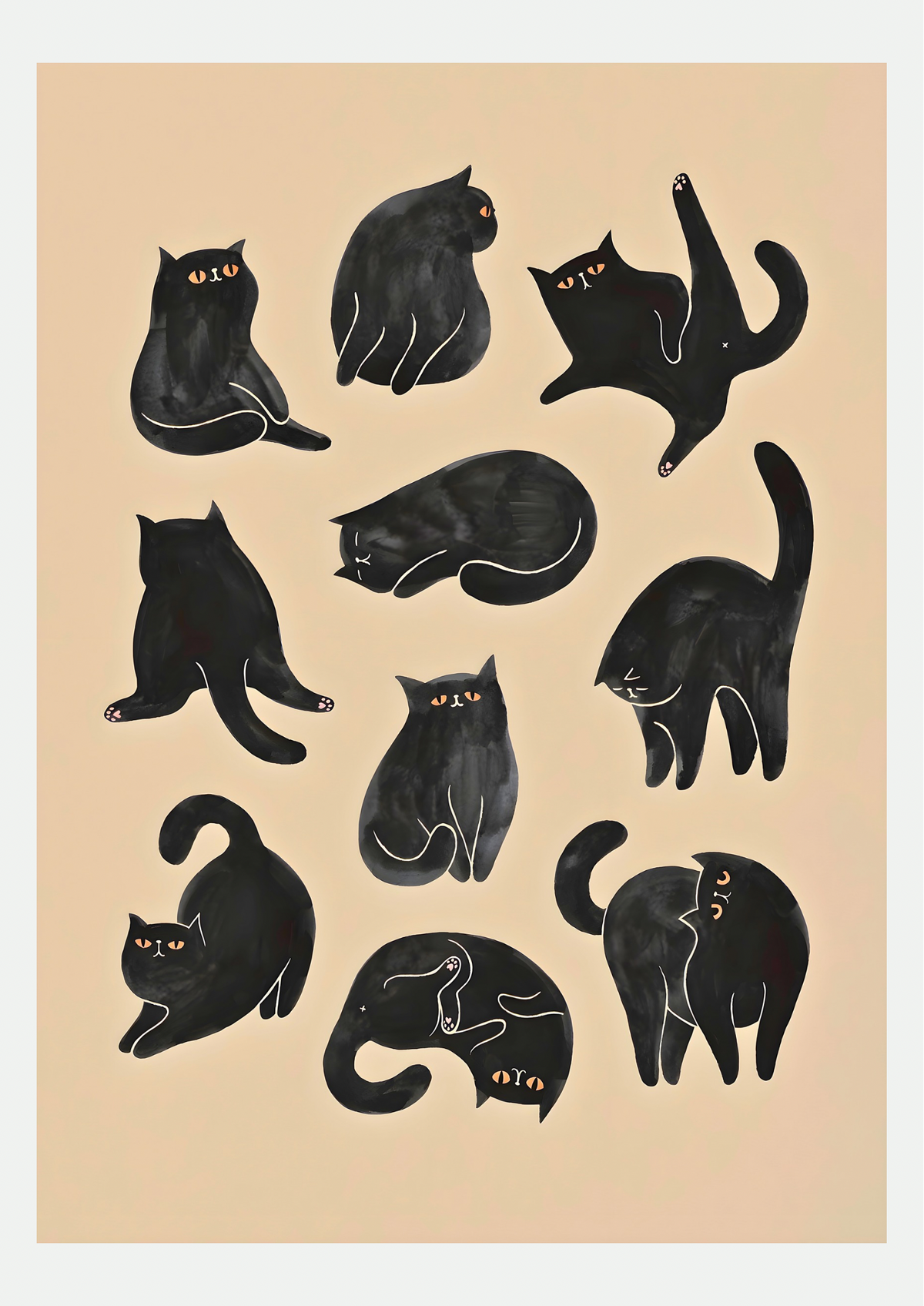 Affiche Dix Chats Noirs, illustration pour chambre d'enfant, présentée seule sur fond neutre