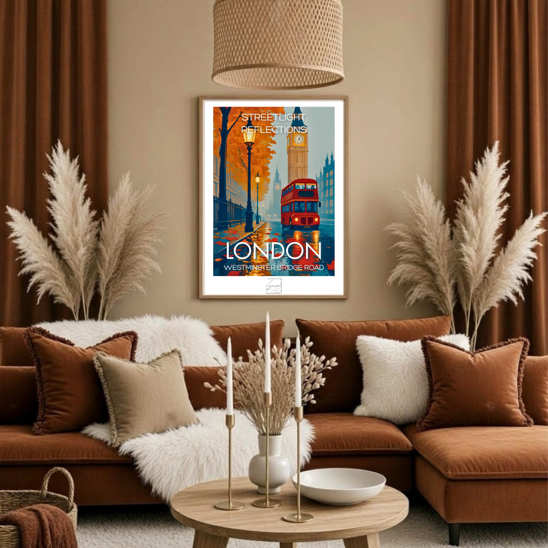 Poster Londres Big Ben en automne encadré accroché au mur d'un salon, ambiance orange et bleu nuit