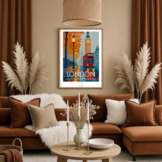 Poster Londres Big Ben en automne encadré accroché au mur d'un salon, ambiance orange et bleu nuit