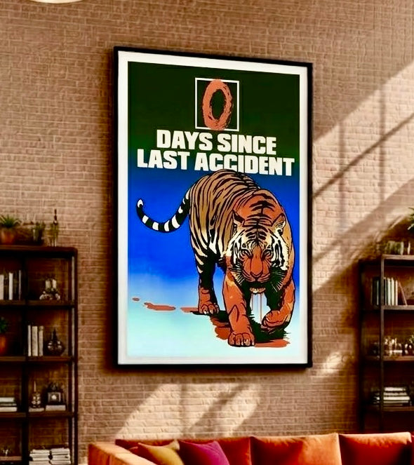 Gros plan sur l'impression de l'affiche tigre : rayures noires, regard fixe et aplats orange