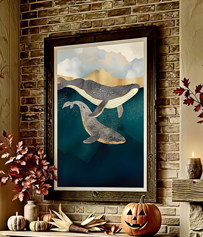 Deux Baleines à Bosse et Feuilles d'Or – Affiche Océan