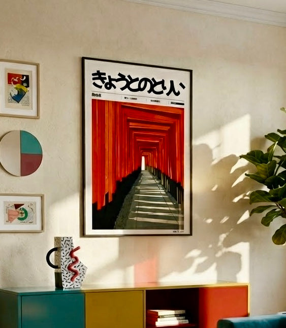 Gros plan sur l'impression et le papier de l'affiche Tunnel de Torii