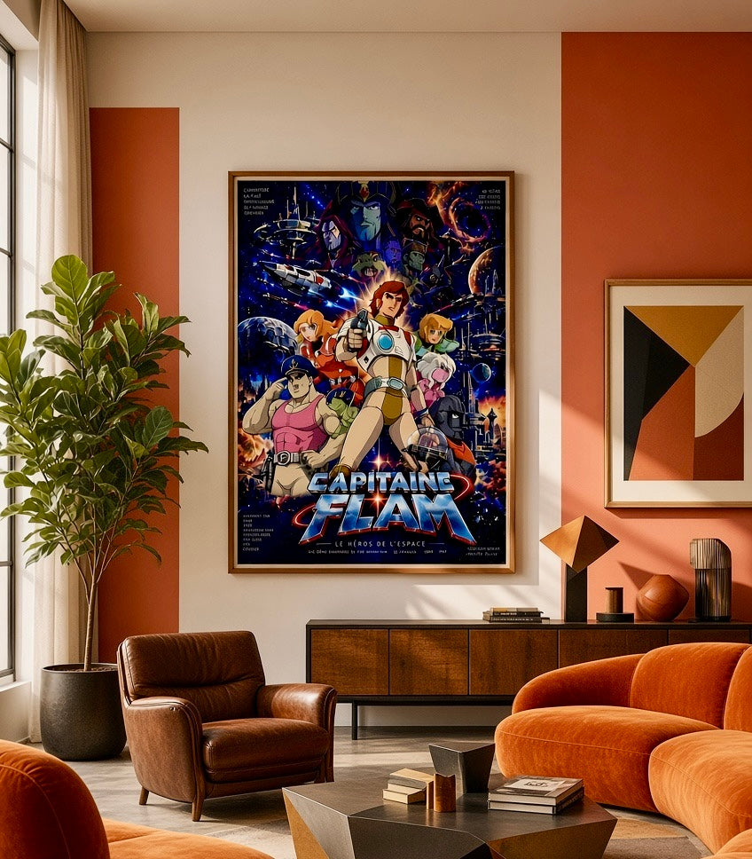Poster Capitaine Flam encadré accroché au mur d'un salon, anime vintage bleu nuit et orange