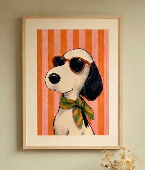 Gros plan sur l'impression et le papier de l'affiche Snoopy Lunettes et Foulard