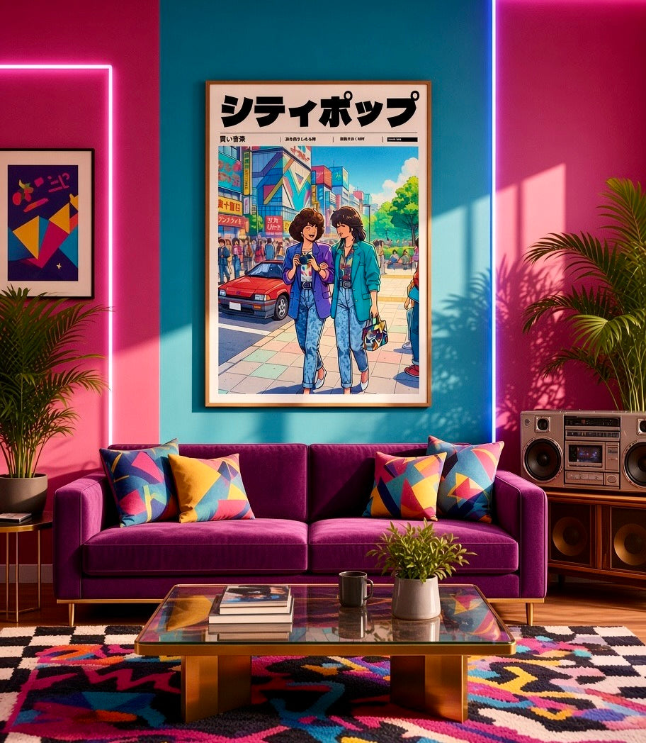 Affiche City Pop shopping à Tokyo entre amies, encadrée et accrochée au mur d'un salon